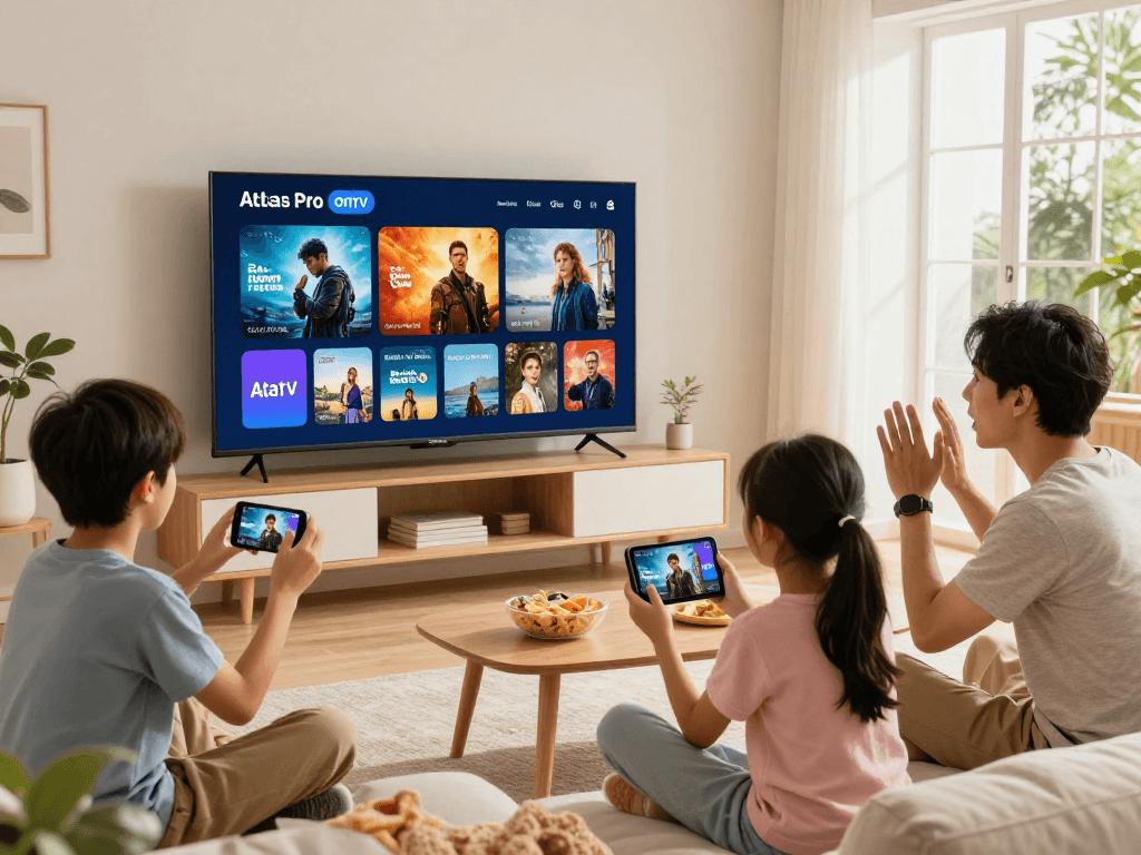 Une famille utilisant l'application Atlas Pro ONTV pour regarder des chaînes en direct, dans un salon moderne et convivial.