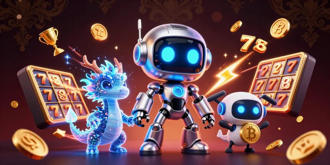 Engage with hugo-bet through a vibrant 3D casino illustration showcasing a robot, holographic dragon, and drone.
