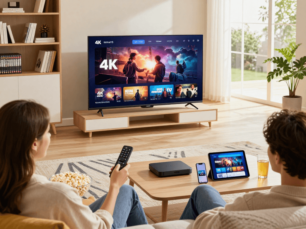 Couple profitant du streaming avec Iron tv pro sur une Smart TV en 4K.