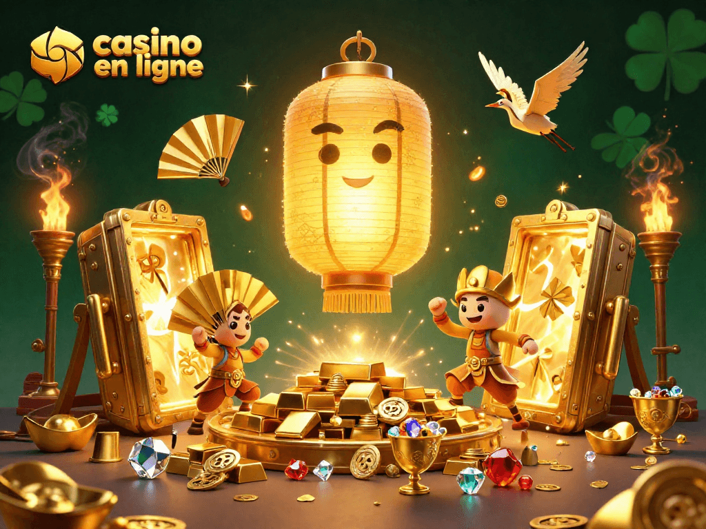 Découvrez les jeux captivants d'un casino en ligne avec une scène vibrante remplie de personnages et de trésors.