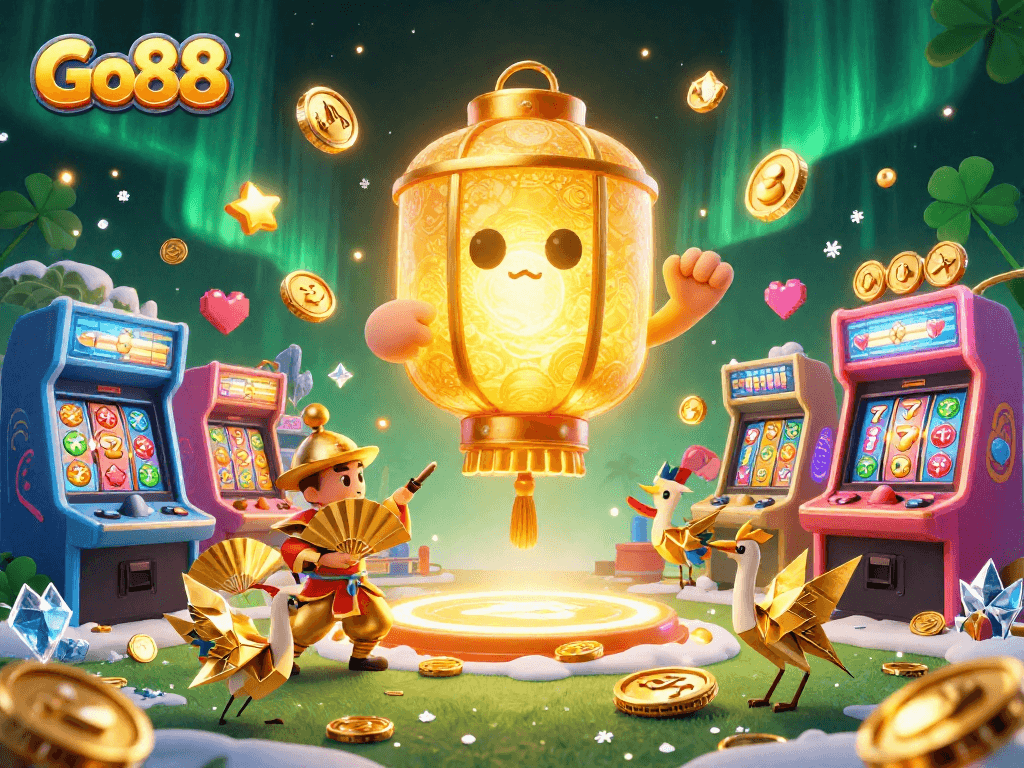 Join the action at Go88 with animated characters in a vibrant casino atmosphere featuring exciting slot elements.