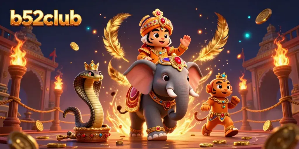 Engage in thrilling gameplay at b52club featuring a majestic elephant and ornate characters.