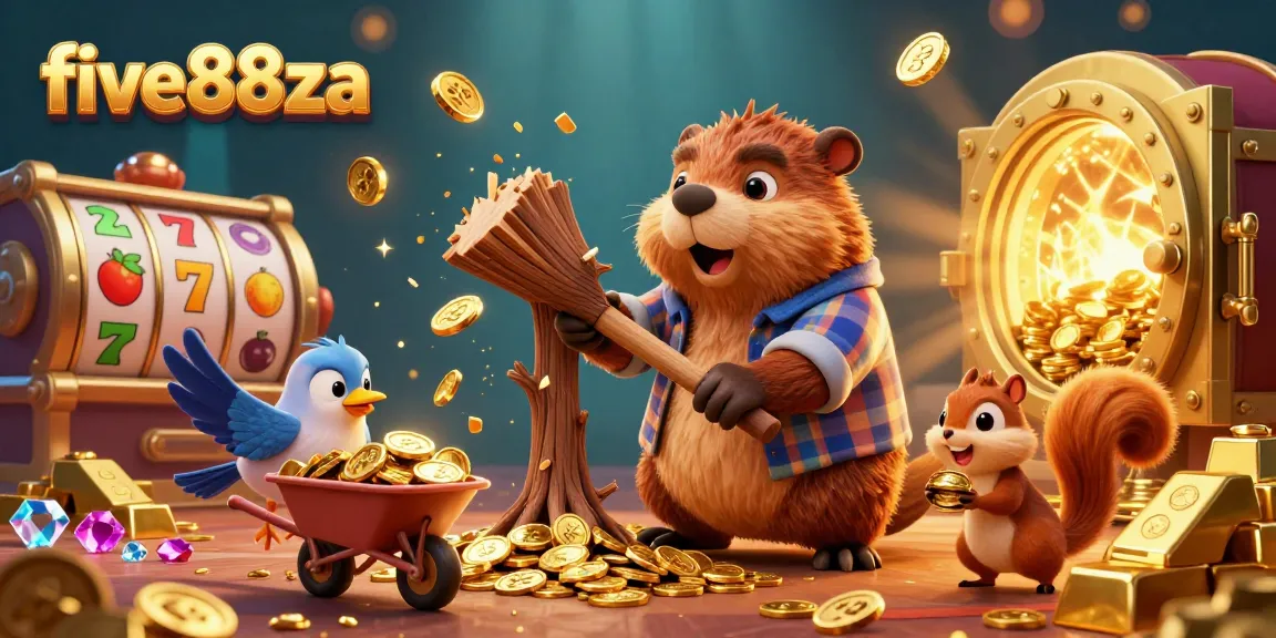 Experience the excitement of five88za with our vivid illustration of a beaver, bird, and squirrel in a casino treasure scene.