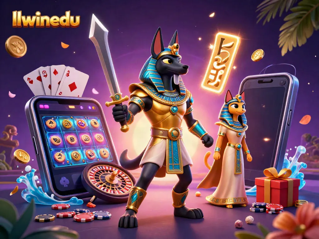 Win with llwinedu featuring a 3D Egyptian warrior and vibrant gambling elements.