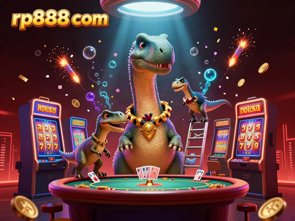 Engage in slots excitement with rp888 com, featuring a whimsical brontosaurus and raptor in a dynamic casino scene.