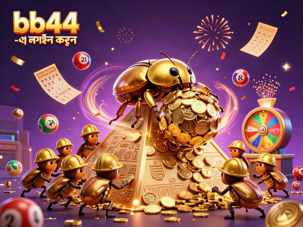 Engage in thrilling action with bb44 -এ লগইন করুন, featuring 3D cartoon beetles amidst vibrant casino elements.