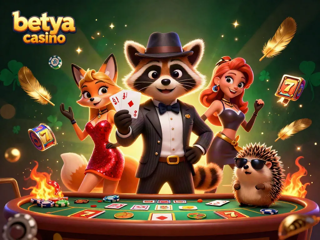 Experience the thrill of betya casino with raccoon and fox characters amidst vibrant gameplay elements.