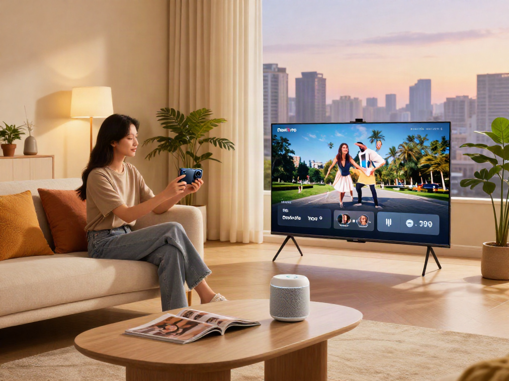Femme utilisant Iron tv pro pour le streaming dans un salon moderne.