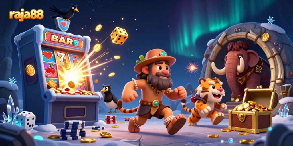 Engage with raja88's thrilling casino atmosphere featuring a lively 3D caveman and sabertooth character duo.
