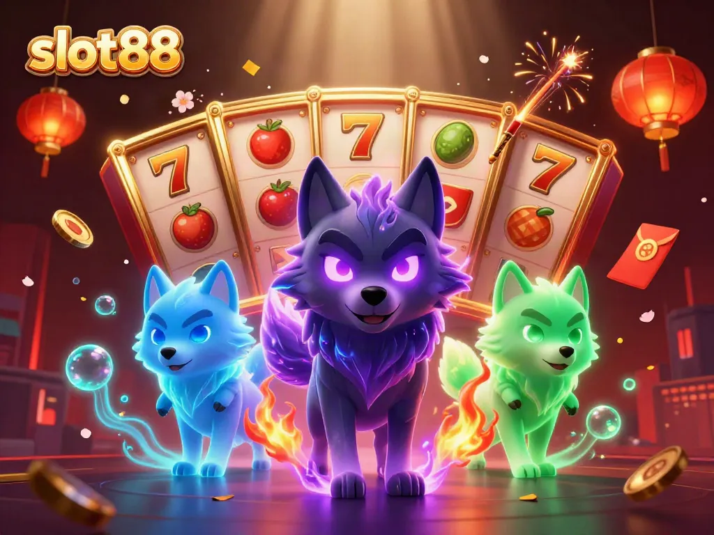 Engage with slot88's vibrant gaming scene featuring animated wolves and slot elements.