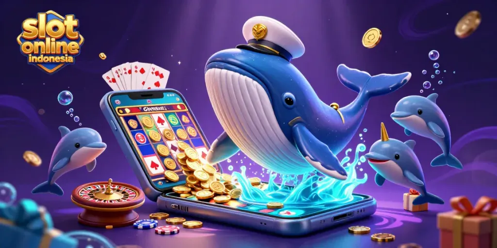 Win big with engaging slot online indonesia as a whale catches coins in a colorful casino scene.