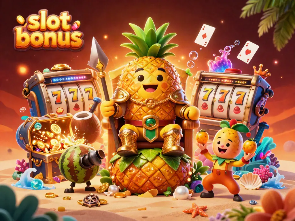 Experience thrilling slot bonuses with the golden pineapple king in a vibrant casino scene.