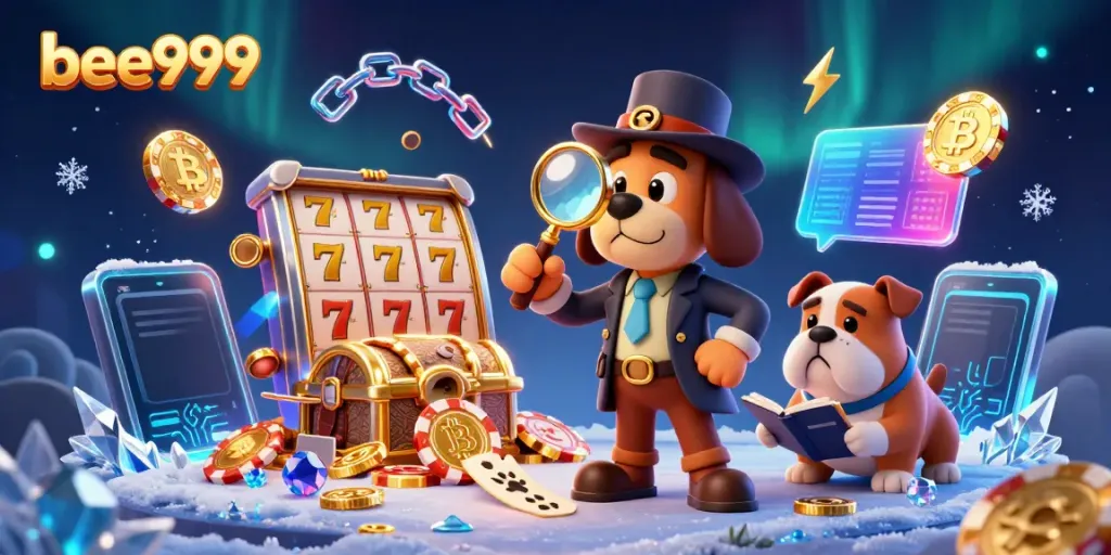 Experience thrilling gameplay and action with bee999 featuring 3D detectives discovering poker chips and engaging in the casino adventure.