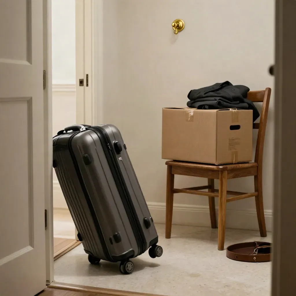 Vestibule réorganisé avec valise, carton fermé et veste pliée, lumière du soir.