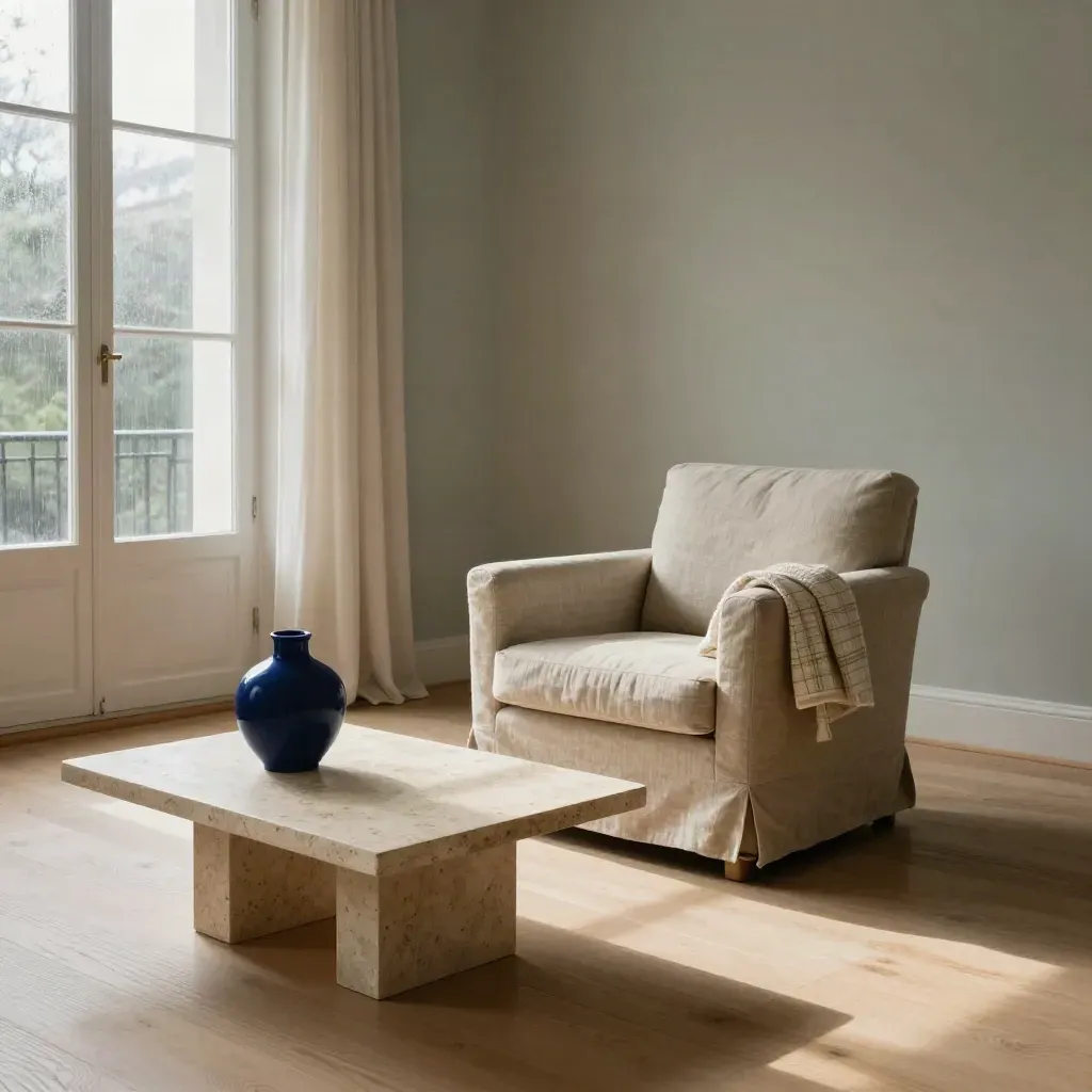 Salon de coaching vide, fauteuil en lin, table en pierre, vase minimal et lumière d’aube après la pluie.
