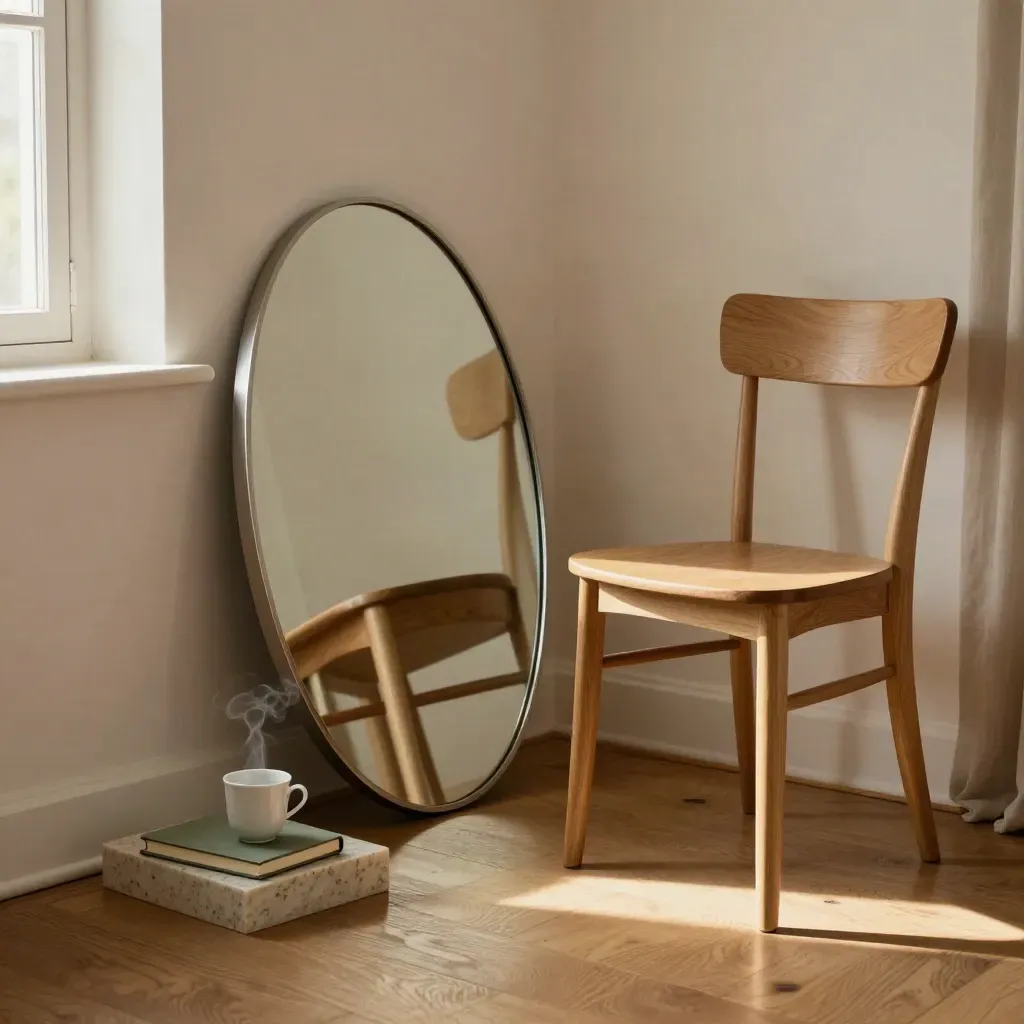 Coin de coaching calme avec miroir ovale, chaise, tasse en porcelaine et carnet fermé.