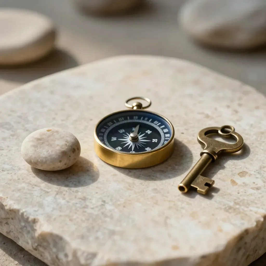 Trois objets en tension sur une table de pierre : galet, boussole et clé.