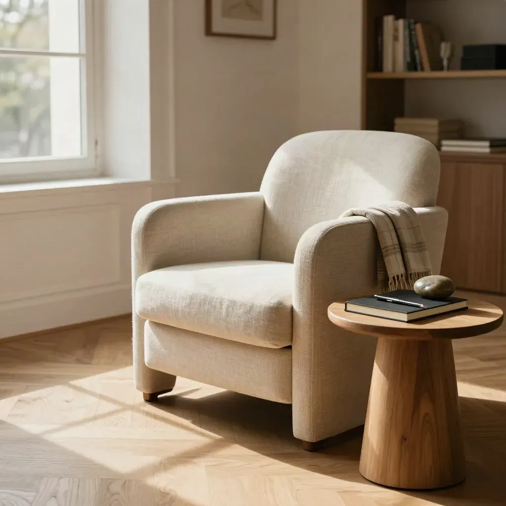 Fauteuil vide, carnet fermé, stylo et plaid dans un coin de coaching lumineux et apaisé.
