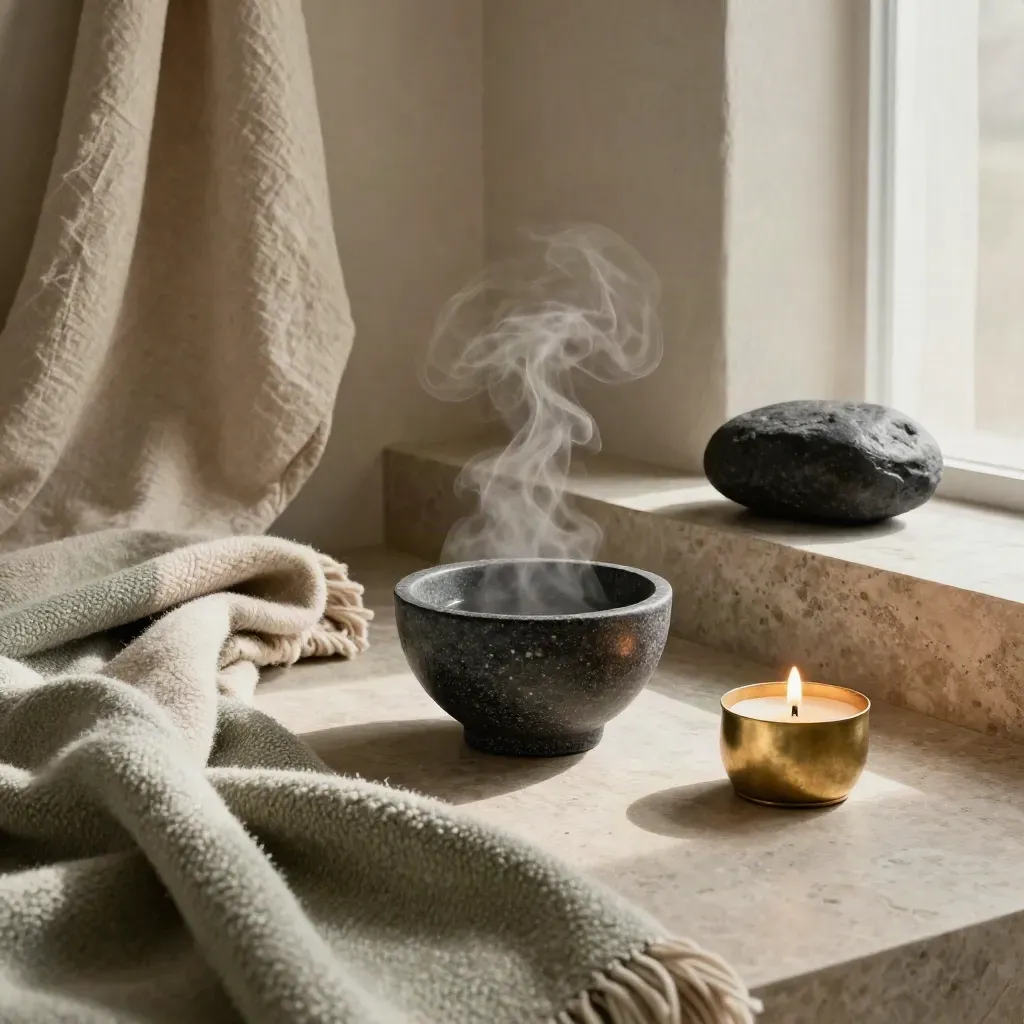 Coin repos apaisé avec thé fumant, couverture en laine, bougie basse et pierre sombre.