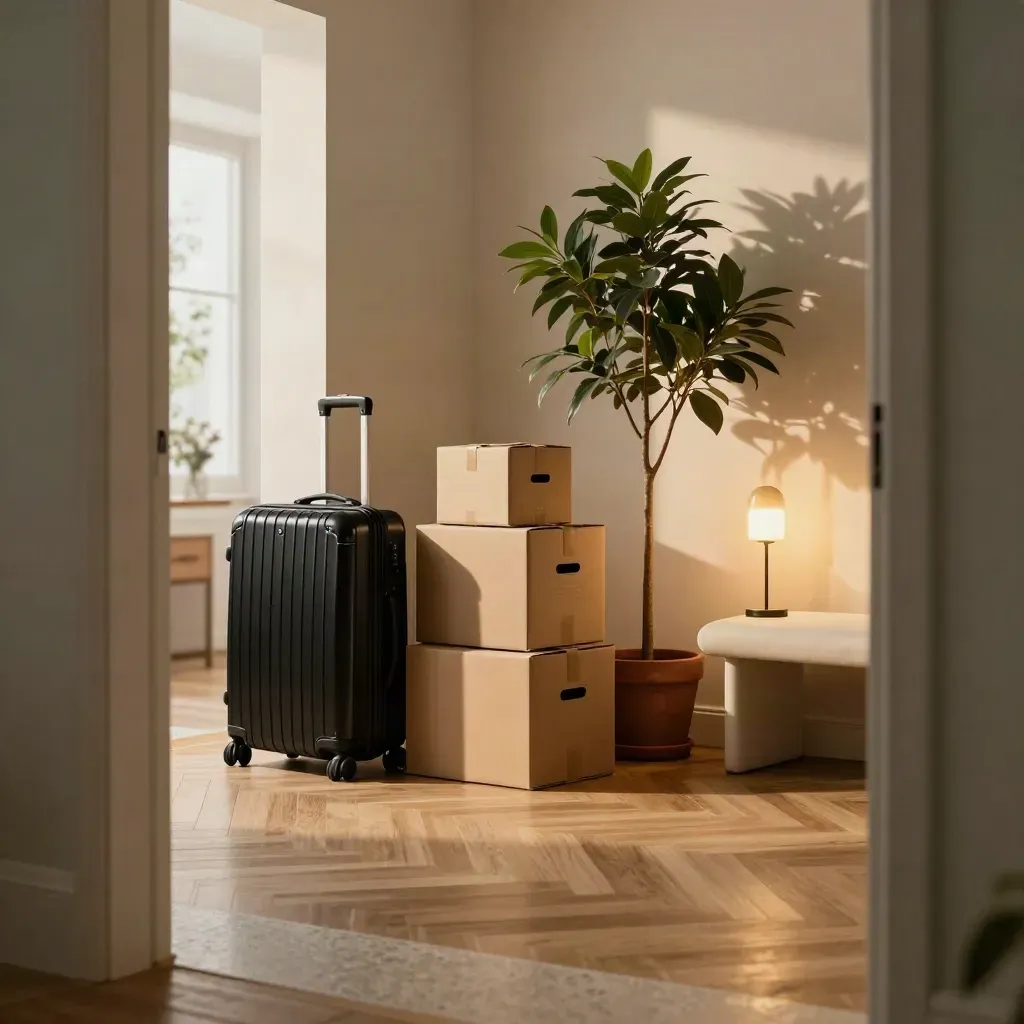 Vestibule réaménagé avec valise, trois cartons, plante haute et lampe allumée.