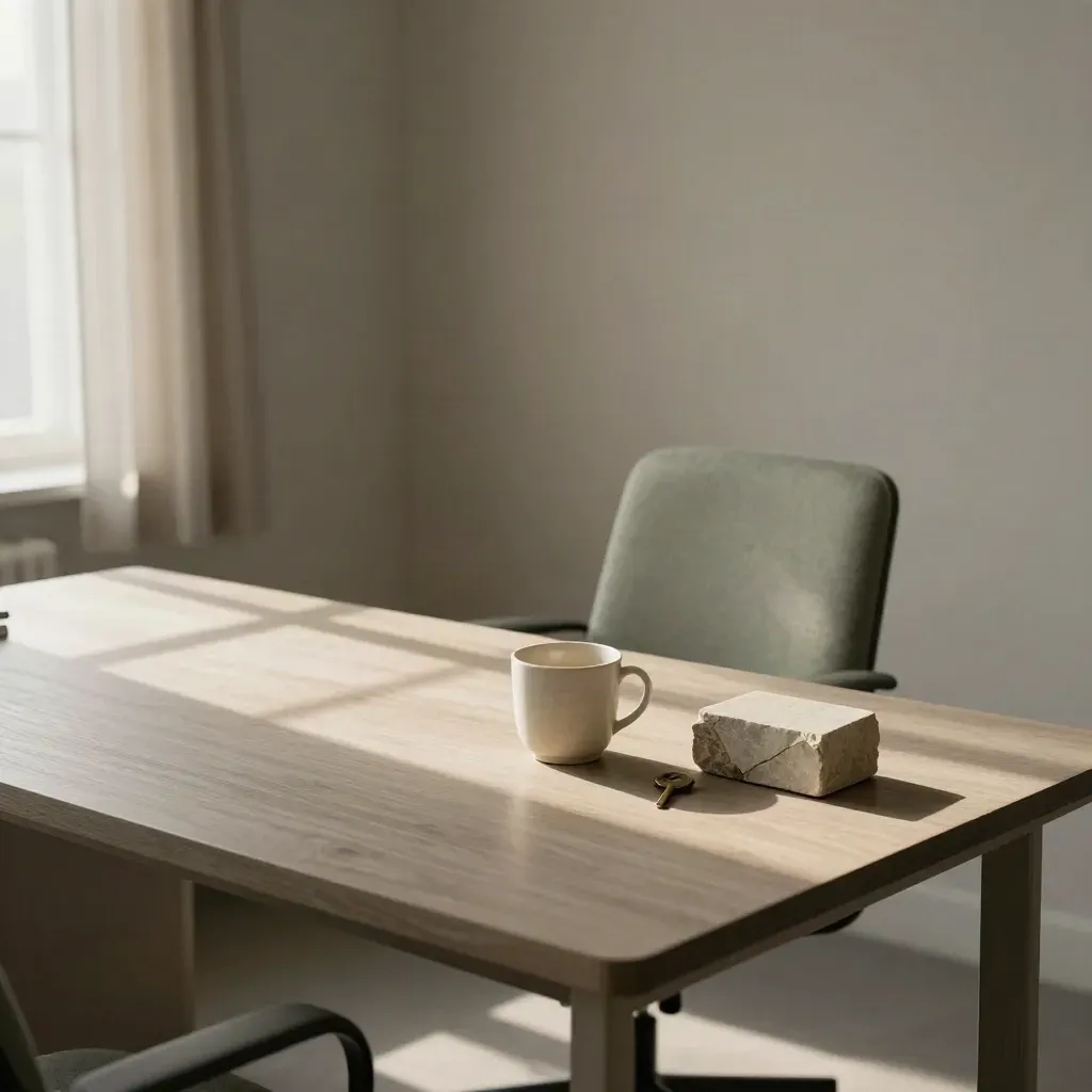 Bureau vide avec chaise sauge, tasse, clé et bloc de pierre, lumière douce du matin.