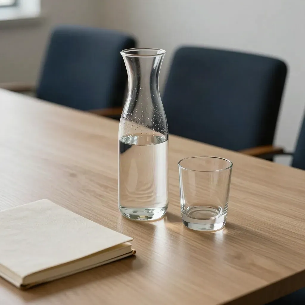 Salle de réunion vide, chaise tirée, carafe d’eau, verre et carnet fermé.