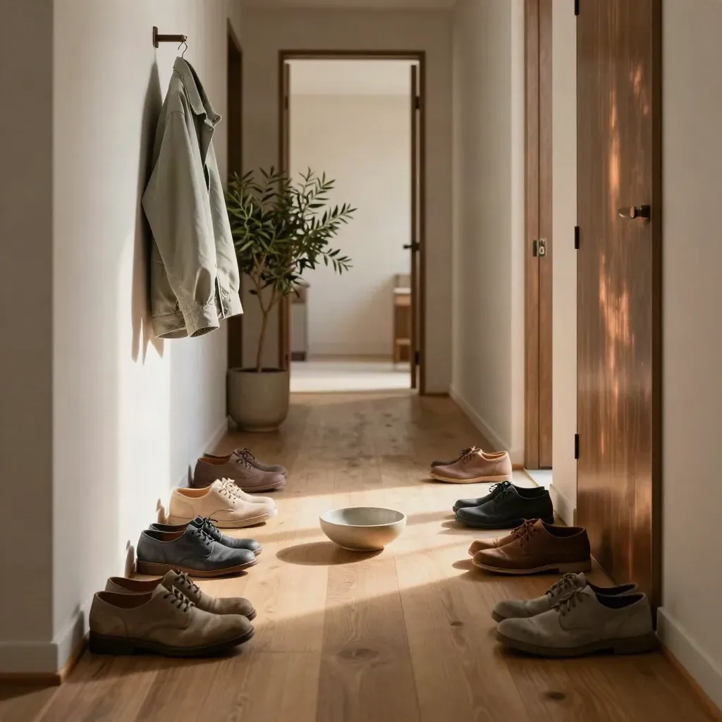 Couloir d’entrée calme avec chaussures de marche, bol à clés, veste et plante en pot.