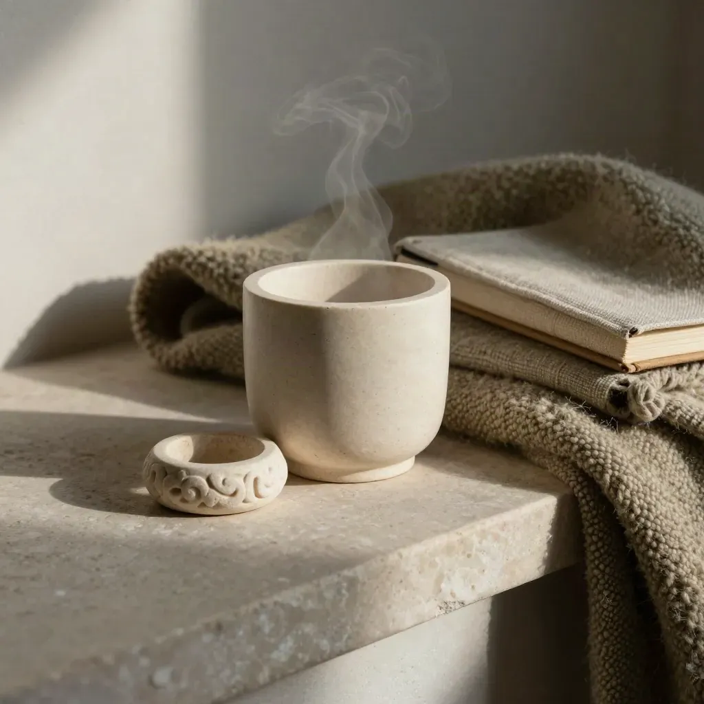 Tasse en grès, anneau de pierre, couverture de laine et carnet en lin sur pierre