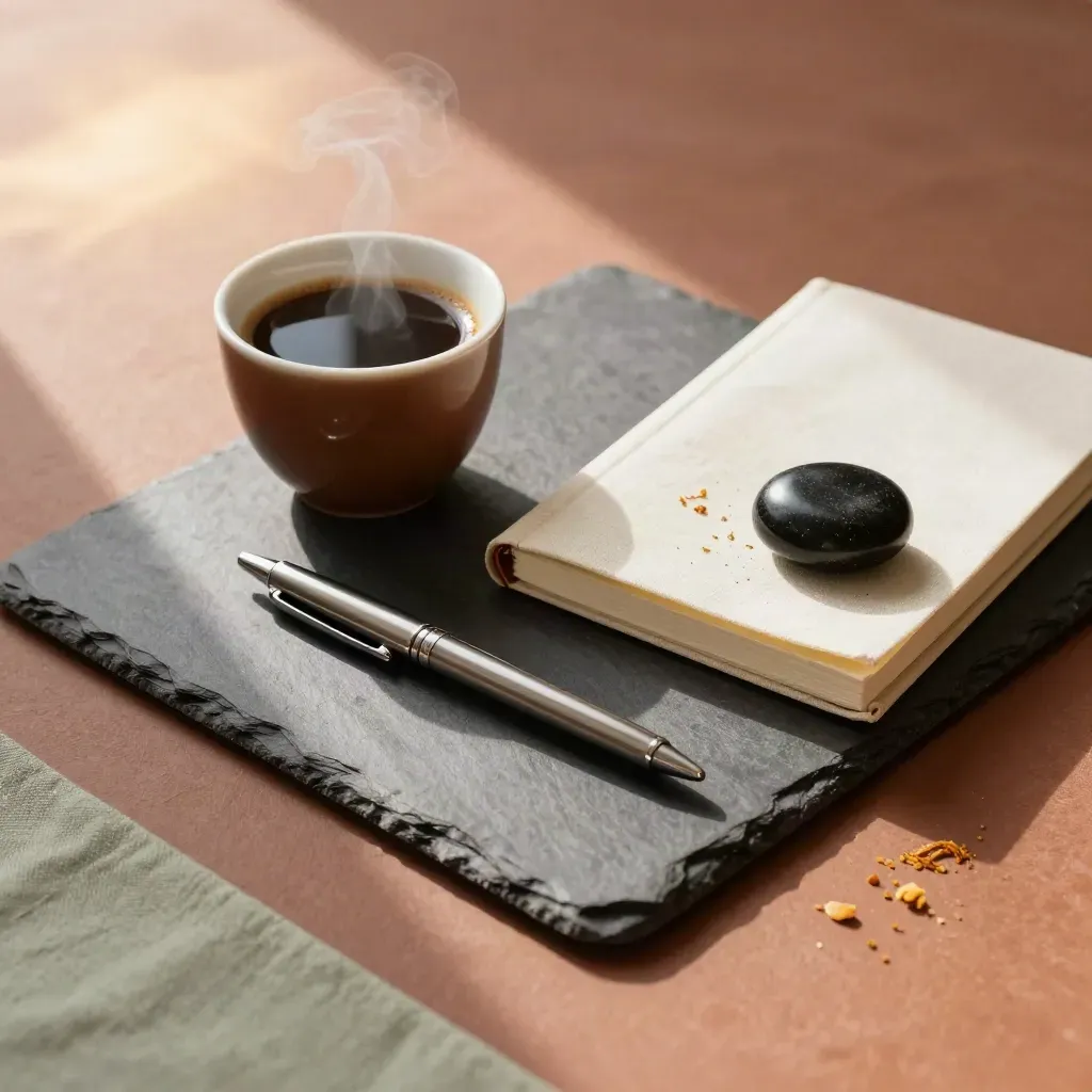 Nature morte de coaching avec café noir, carnet fermé, stylo, zeste d’agrume et galet sombre.
