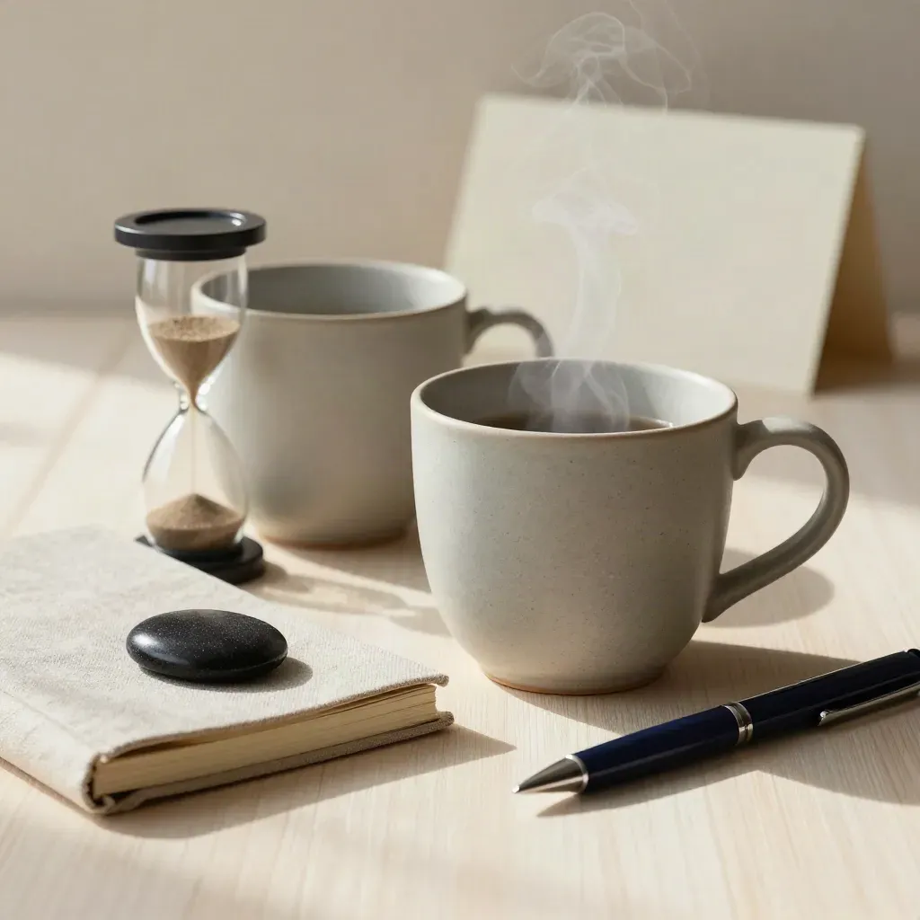 Deux tasses de thé, sablier, carnet fermé, galet et stylo sur bois clair, vapeur légère.