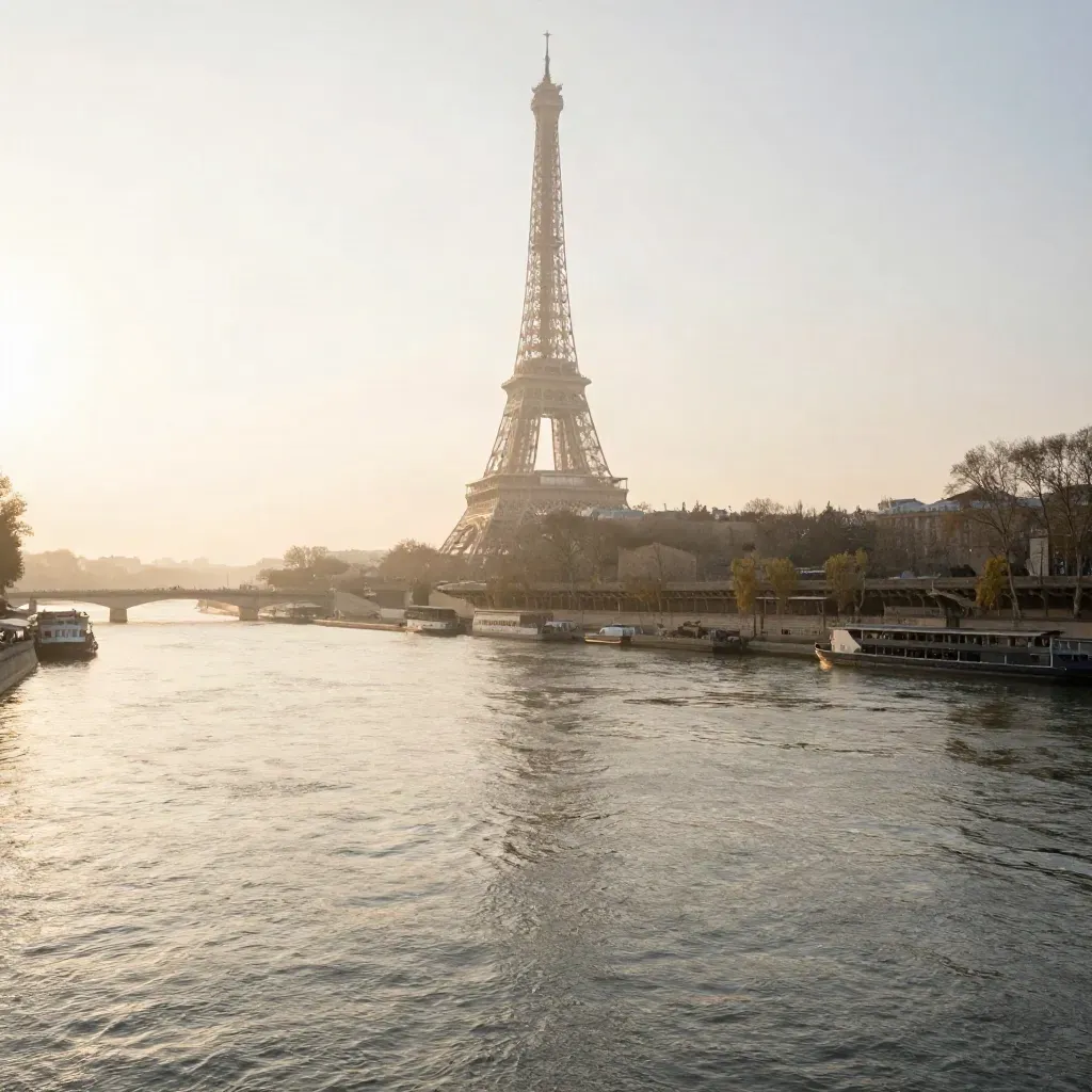 La Seine au lever du jour, la tour Eiffel lointaine dans une brume d’été, espace calme pour le texte.
