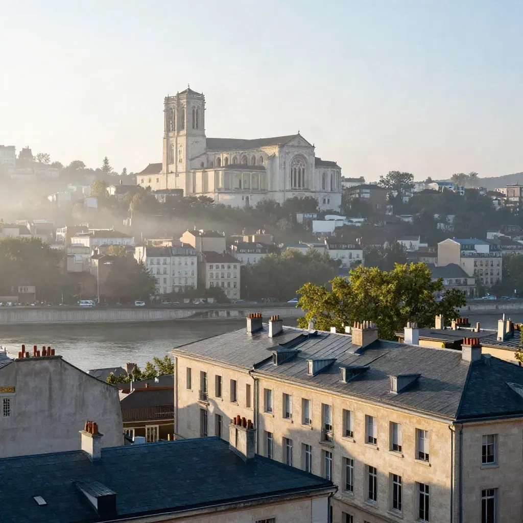 Fourvière au-dessus des toits de Lyon dans la brume de l’aube, Saône calme au premier plan