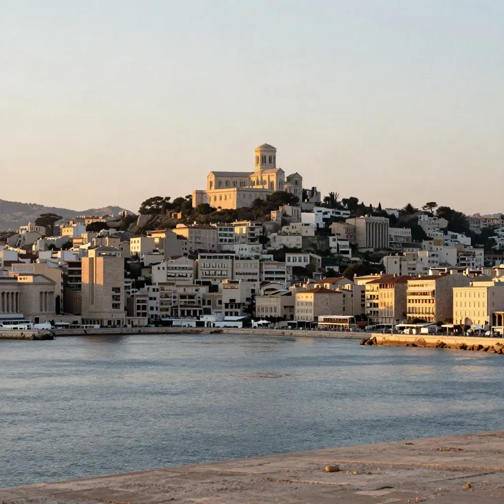 Rade de Marseille au soir, Notre-Dame de la Garde au-dessus du littoral.