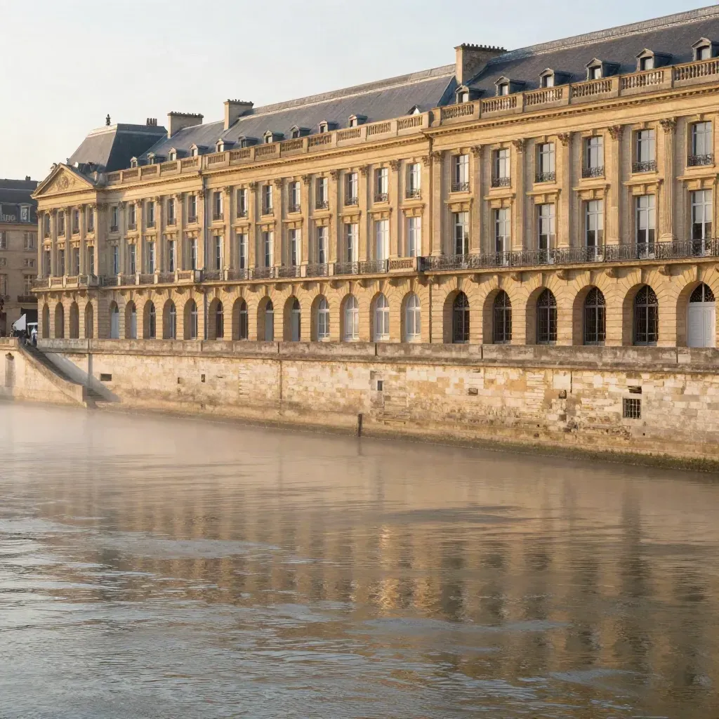 Les quais de Bordeaux au soleil bas, façades blondes reflétées dans la Garonne.