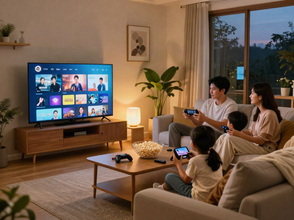 Iron tv pro family enjoying interactive media in a cozy living room setup.