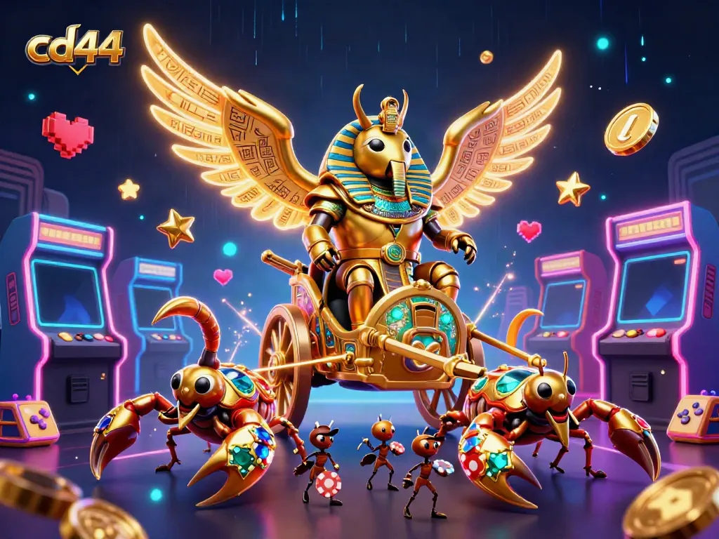 Engage with cd44's vibrant casino scene featuring a giant scarab beetle and playful gaming elements.
