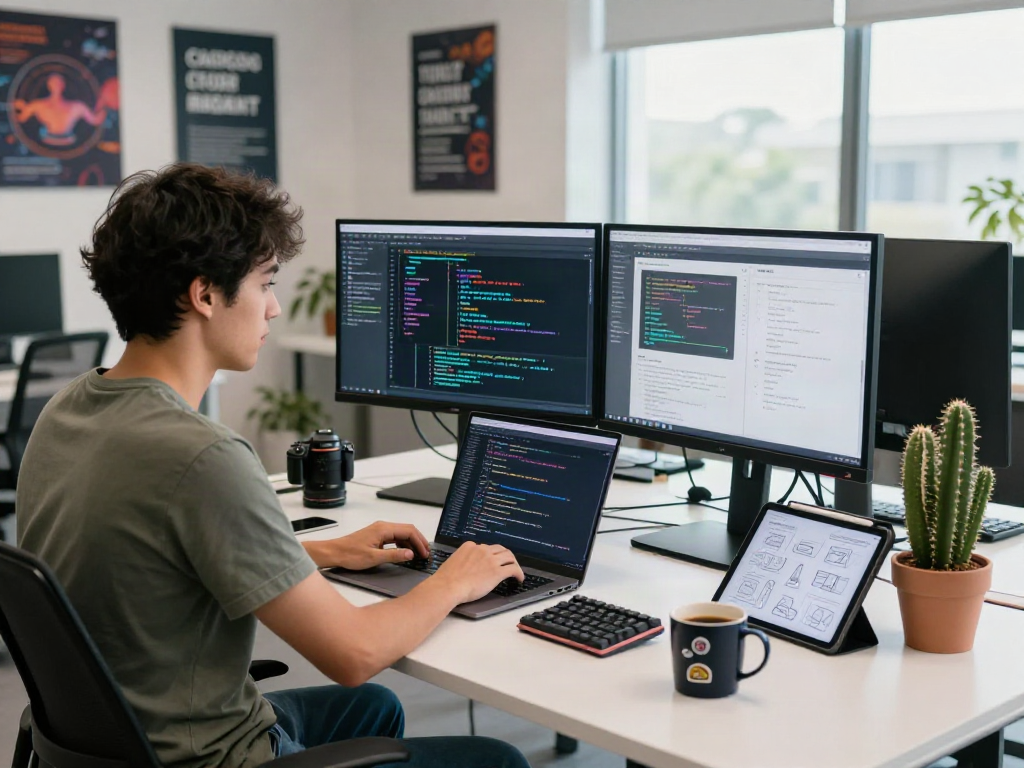 Développeur de logiciels utilisant Atlas pro sur un ordinateur portable dans un bureau moderne
