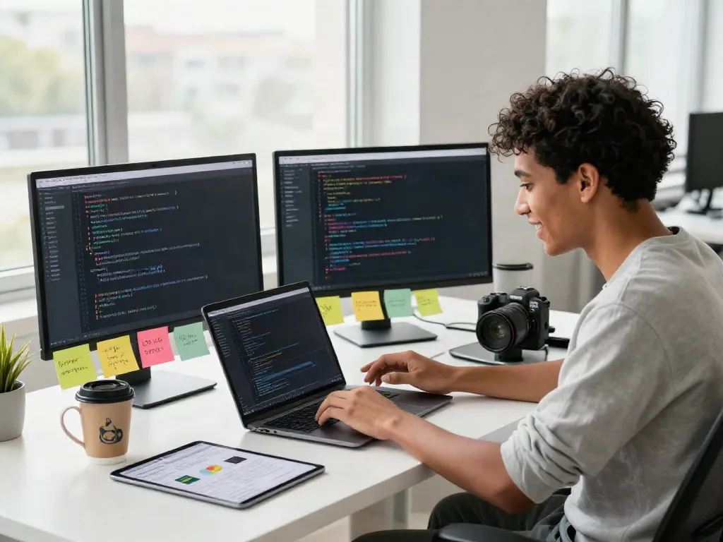 Engaging in uncensored AI chat at a modern tech workspace, showcasing dual screens with AI text responses and vibrant sticky notes.