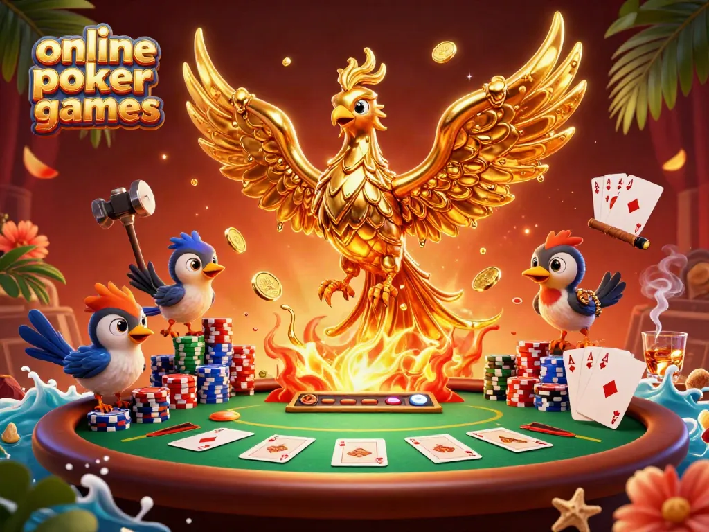 Experience exciting online poker games with a phoenix and poker scene in this vibrant 3D artwork.