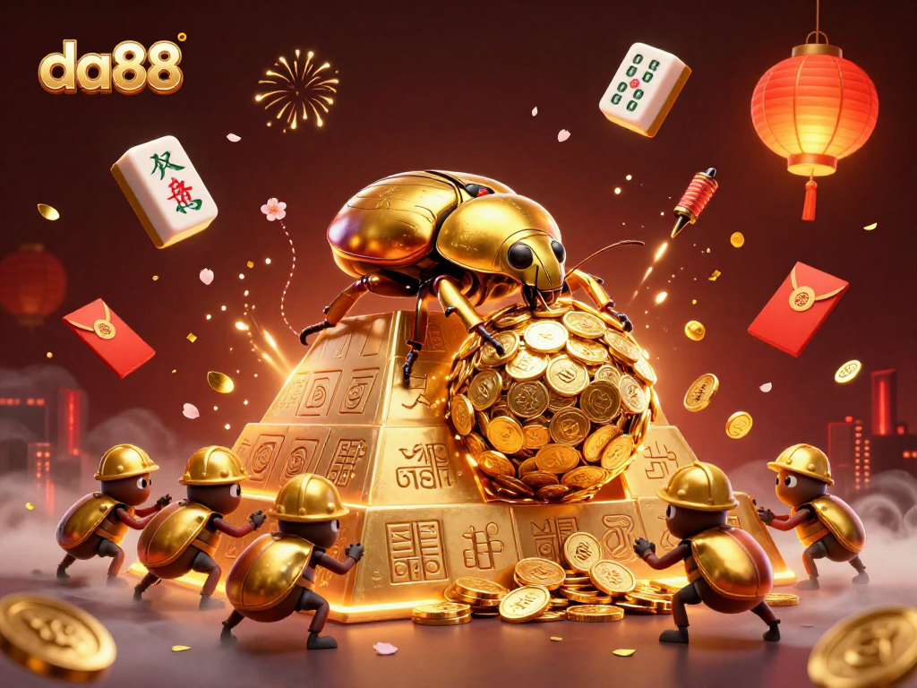 Experience da88 with vibrant 3D casino art showcasing beetles, coins, and mahjong tiles