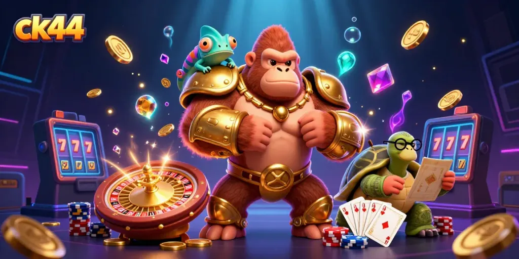 Experience vibrant gaming action at ck44 with animated characters surrounded by casino elements.