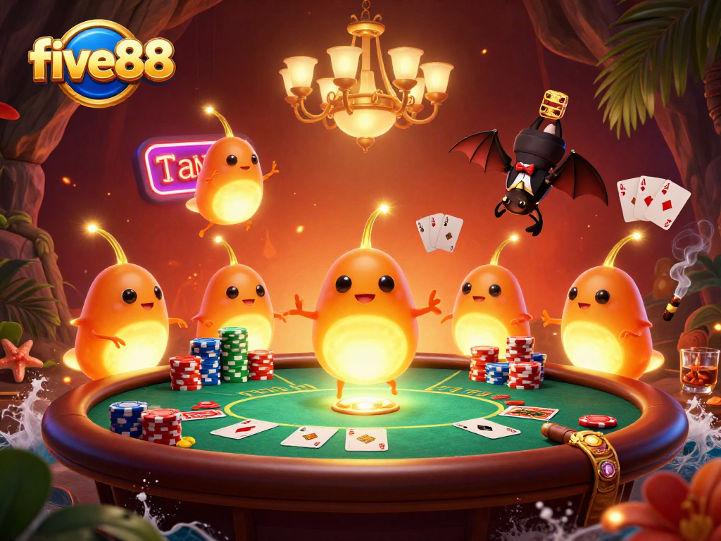 Experience the thrilling energy of five88 casino with luminescent glowworms and a bat dealer amidst an exciting poker game.