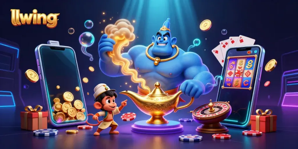 Experience winning action with llwingg's vibrant 3D illustration featuring a genie and poker elements in a colorful slot scene.