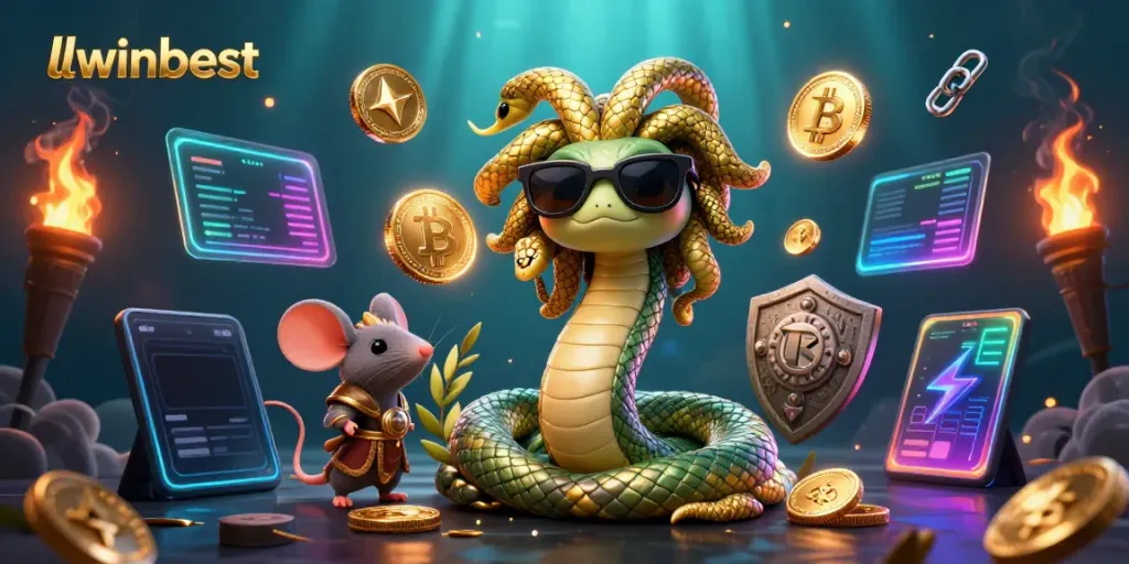 Engage with llwinbest via thrilling crypto casino adventures featuring cute Medusa and a warrior mouse.