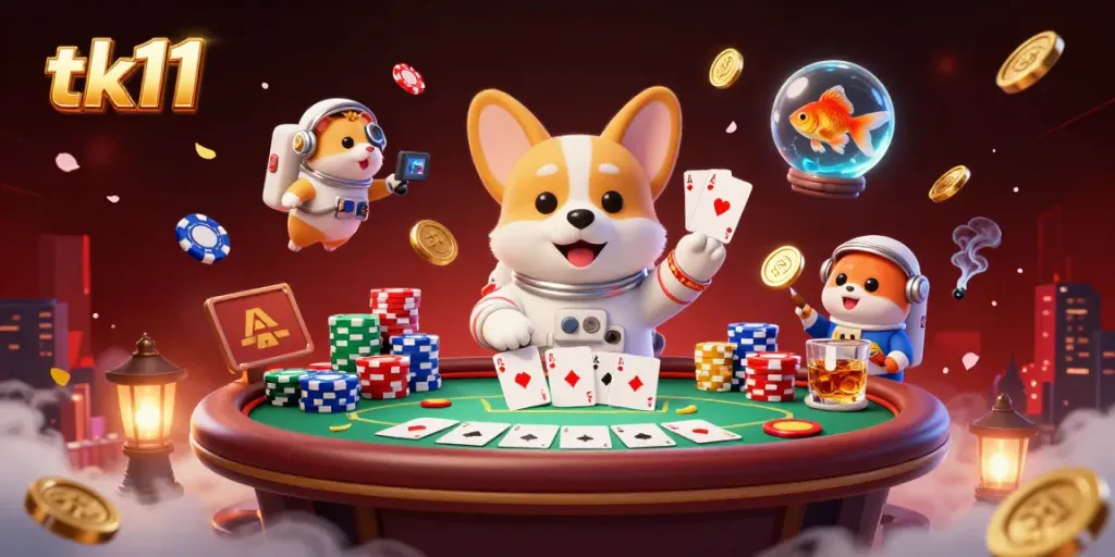 Experience the thrill of tk11 gaming as a cartoon astronaut corgi floats in a vibrant casino.